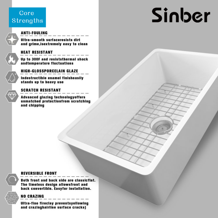 32" White Fireclay Drop-In Single Bowl Kitchen Sink with Drainboard