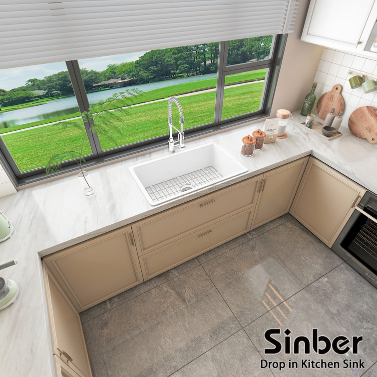 32" White Fireclay Drop-In Single Bowl Kitchen Sink with Drainboard