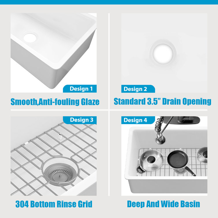 32" White Fireclay Drop-In Single Bowl Kitchen Sink with Drainboard