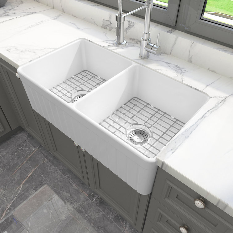 Sinber 33'' White Fireclay Farmhouse Double Bowl Kitchen Sink