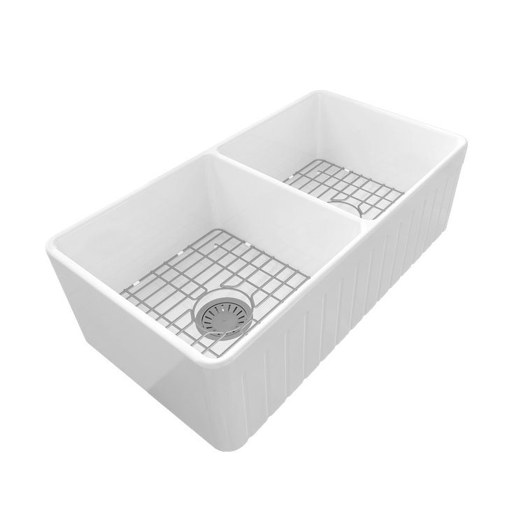 Sinber 33'' White Fireclay Farmhouse Double Bowl Kitchen Sink