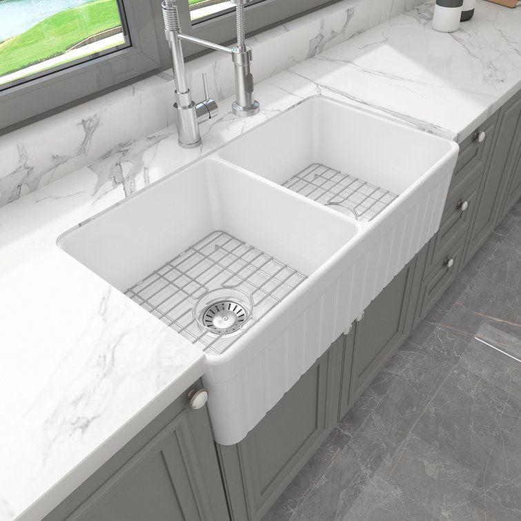 Sinber 33'' White Fireclay Farmhouse Double Bowl Kitchen Sink