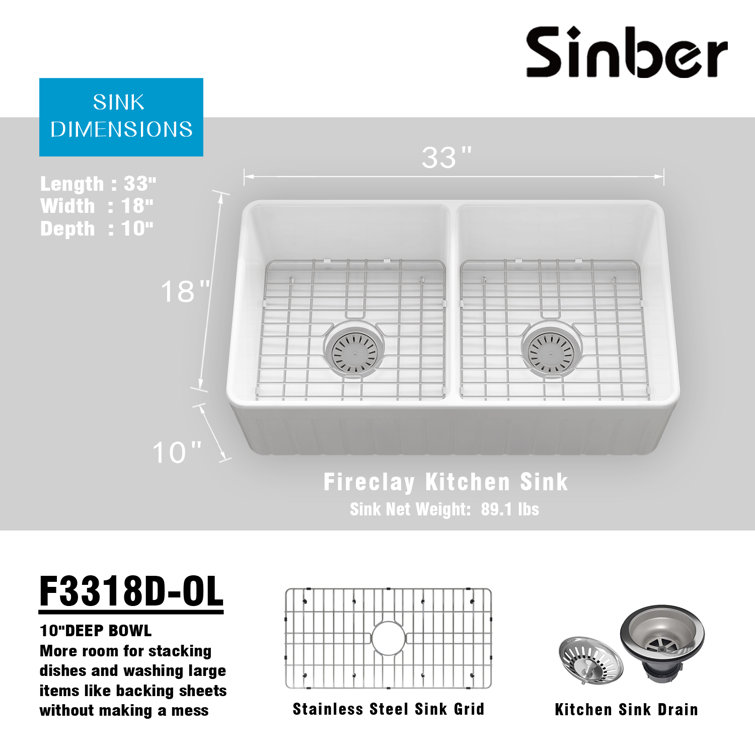 Sinber 33'' White Fireclay Farmhouse Double Bowl Kitchen Sink