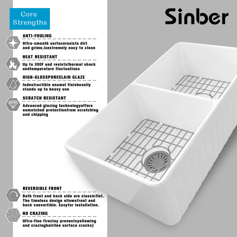 Sinber 33'' White Fireclay Farmhouse Double Bowl Kitchen Sink
