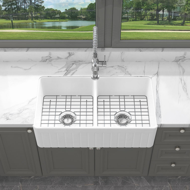 Sinber 33'' White Fireclay Farmhouse Double Bowl Kitchen Sink
