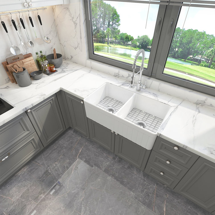 Sinber 33'' White Fireclay Farmhouse Double Bowl Kitchen Sink