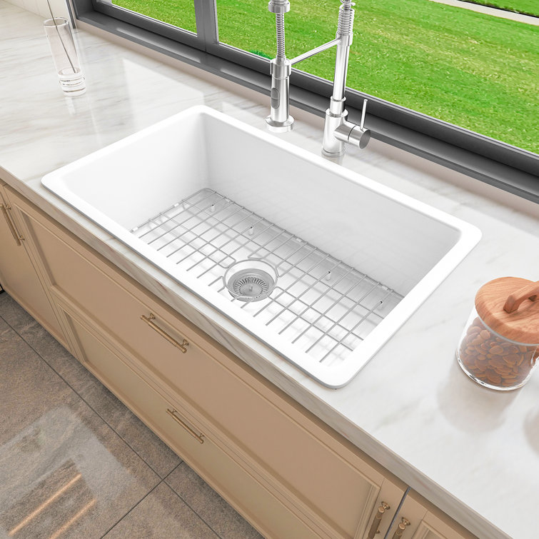 32" White Fireclay Drop-In Single Bowl Kitchen Sink with Drainboard