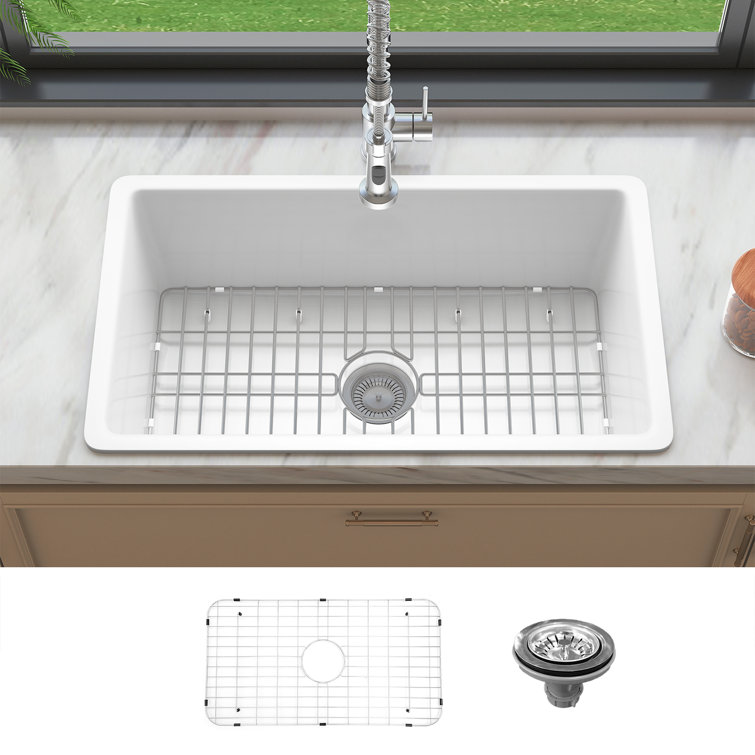 32" White Fireclay Drop-In Single Bowl Kitchen Sink with Drainboard