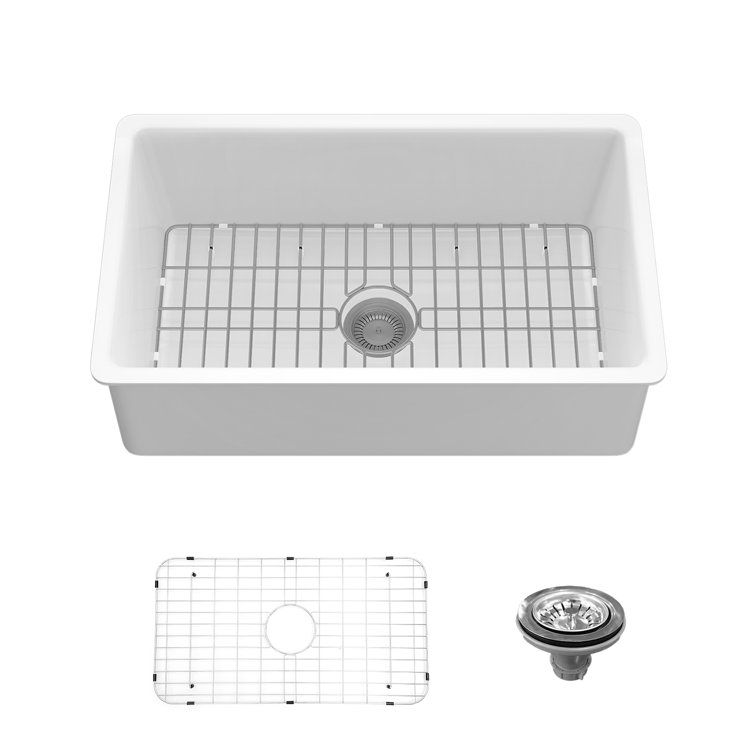 32" White Fireclay Drop-In Single Bowl Kitchen Sink with Drainboard