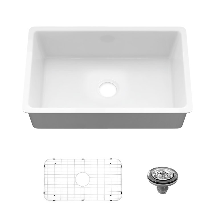 32" White Fireclay Drop-In Single Bowl Kitchen Sink with Drainboard