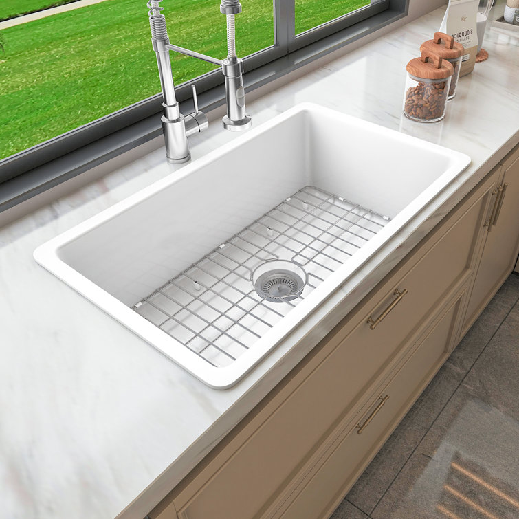 32" White Fireclay Drop-In Single Bowl Kitchen Sink with Drainboard