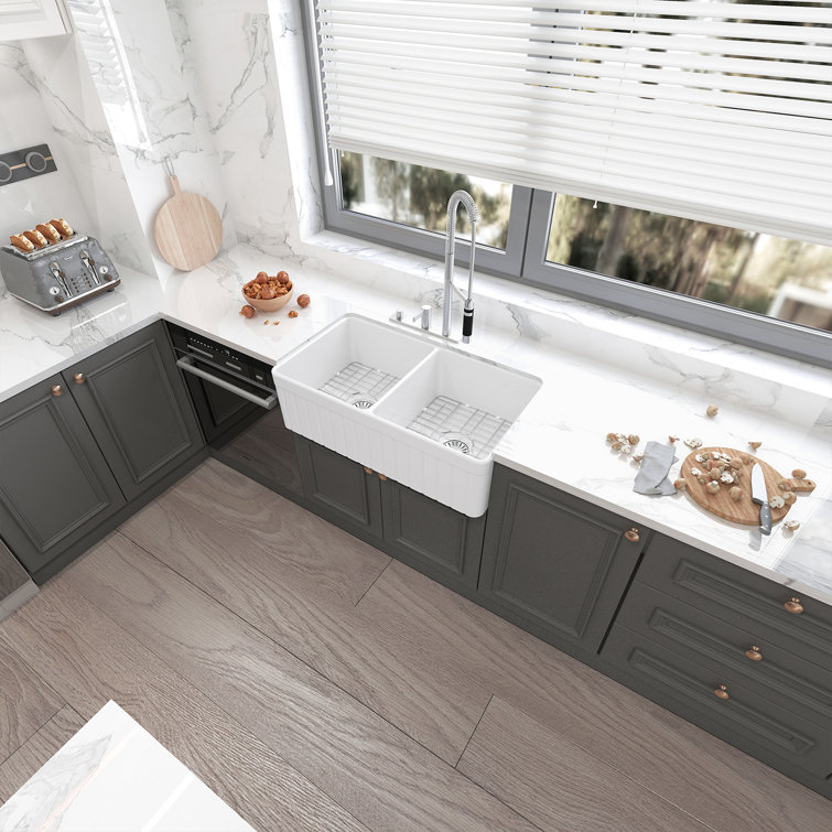 Sinber 33'' White Fireclay Farmhouse Double Bowl Kitchen Sink