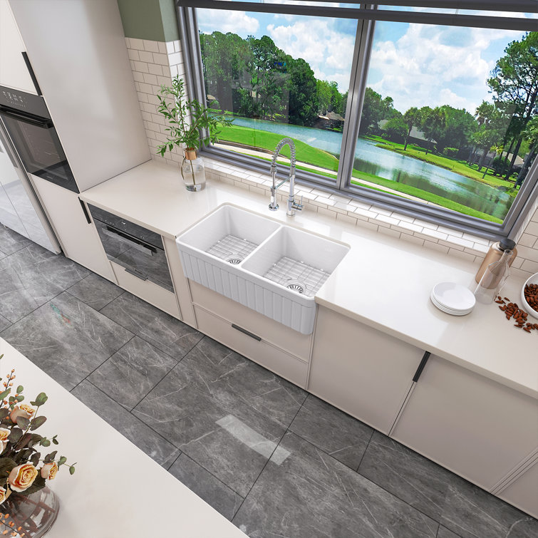 Sinber 33'' White Fireclay Farmhouse Double Bowl Kitchen Sink