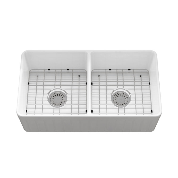 Sinber 33'' White Fireclay Farmhouse Double Bowl Kitchen Sink