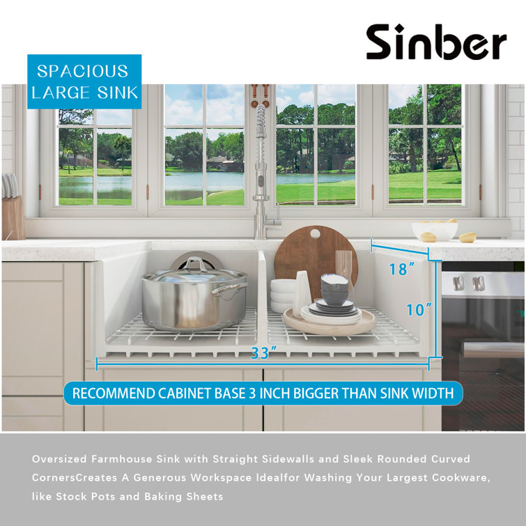 Sinber 33'' White Fireclay Farmhouse Double Bowl Kitchen Sink