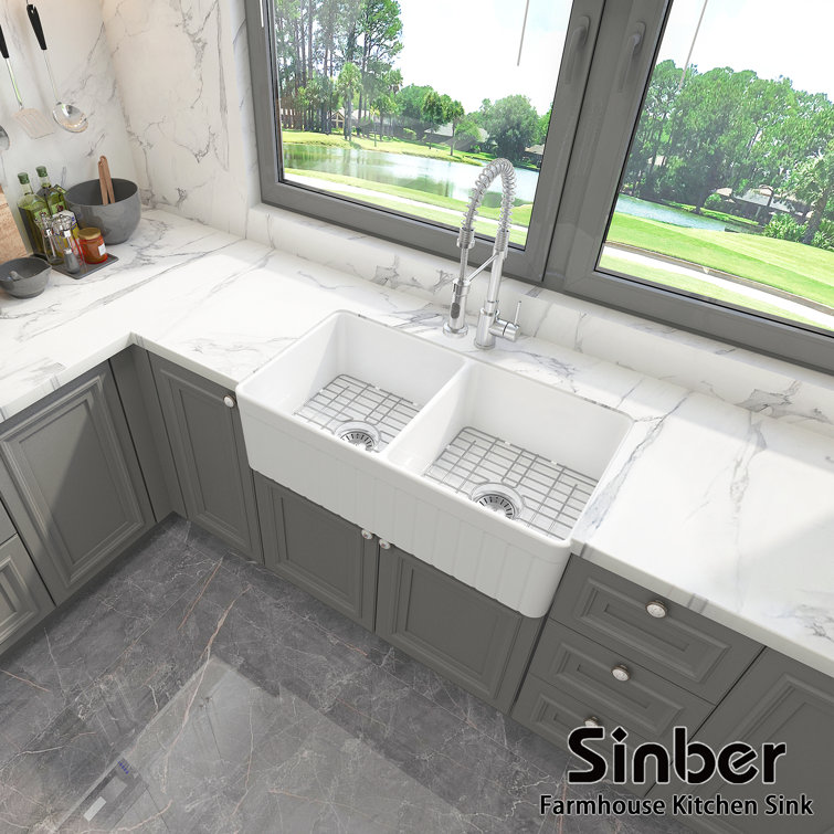 Sinber 33'' White Fireclay Farmhouse Double Bowl Kitchen Sink