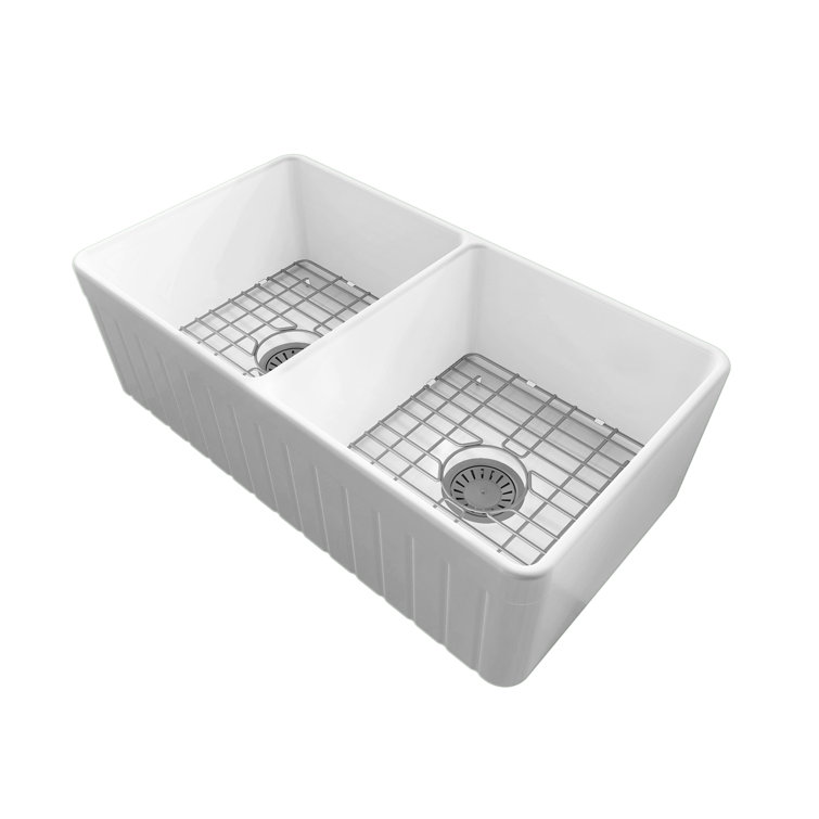 Sinber 33'' White Fireclay Farmhouse Double Bowl Kitchen Sink