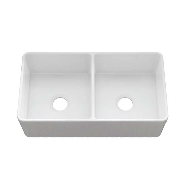 Sinber 33'' White Fireclay Farmhouse Double Bowl Kitchen Sink