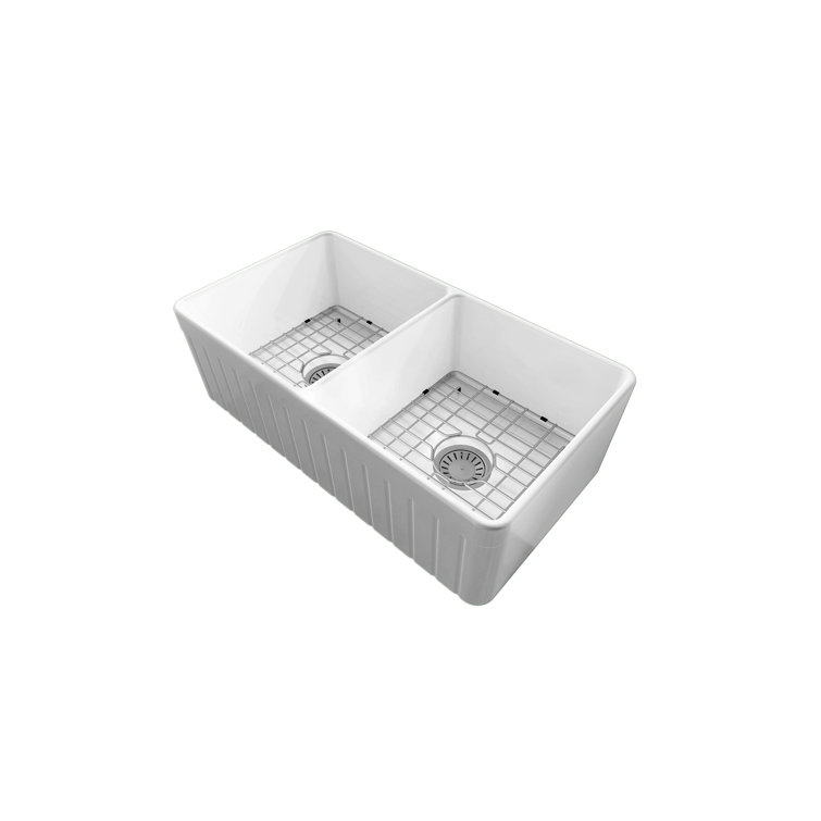 Sinber 33'' White Fireclay Farmhouse Double Bowl Kitchen Sink