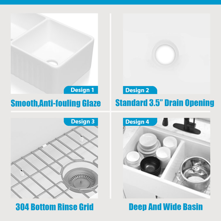 Sinber 33'' White Fireclay Farmhouse Double Bowl Kitchen Sink