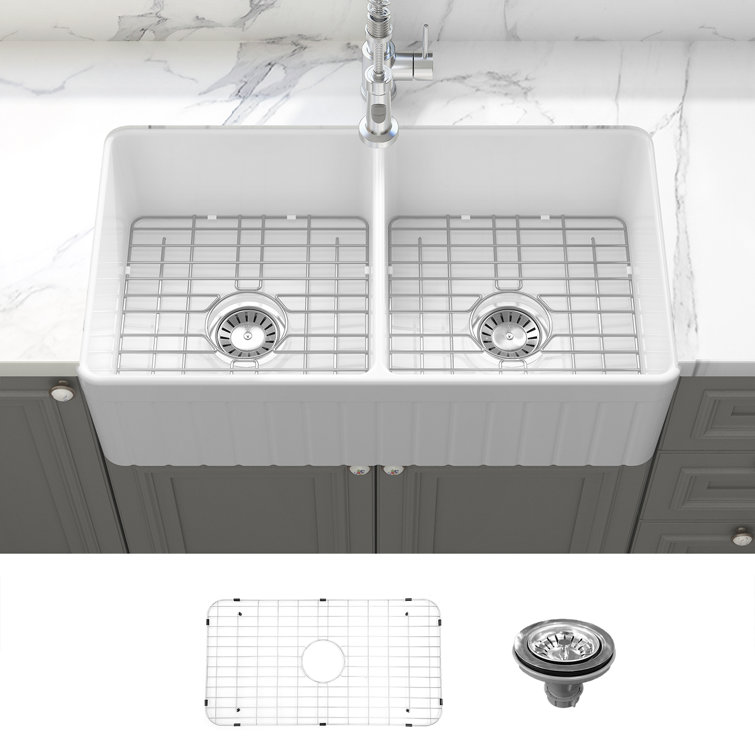 Sinber 33'' White Fireclay Farmhouse Double Bowl Kitchen Sink