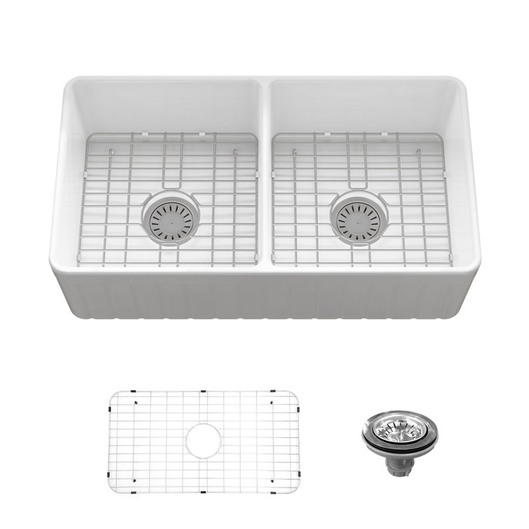Sinber 33'' White Fireclay Farmhouse Double Bowl Kitchen Sink