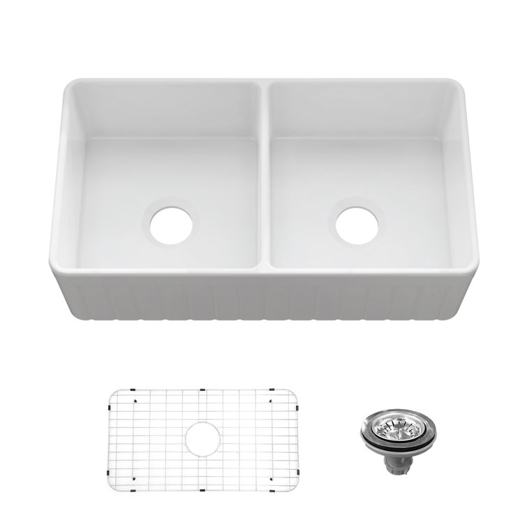 Sinber 33'' White Fireclay Farmhouse Double Bowl Kitchen Sink