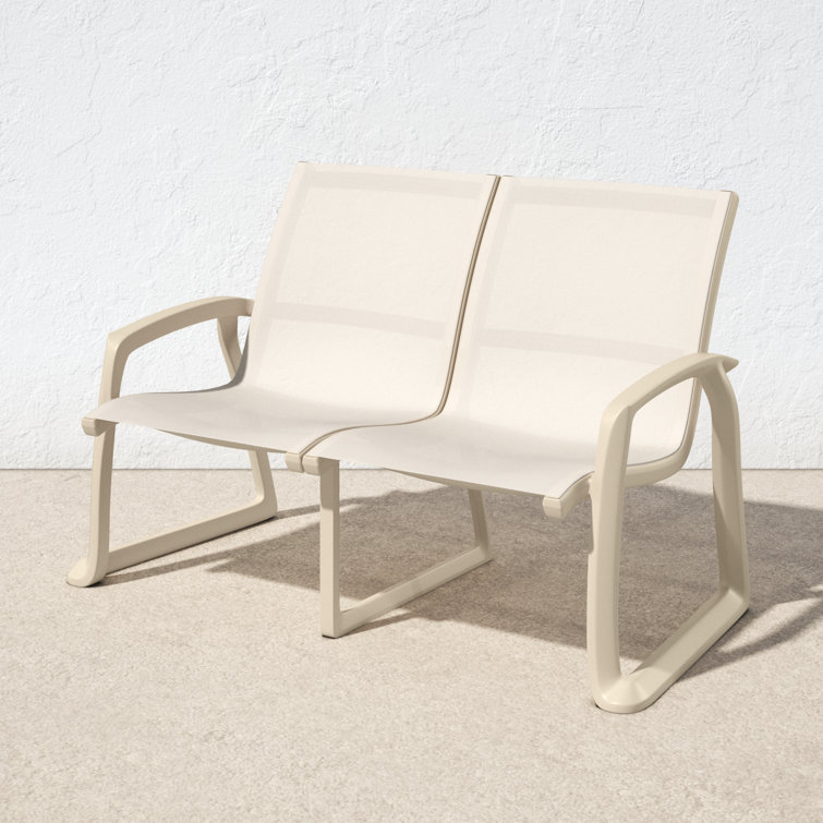 Taupe Plastic Outdoor Loveseat with Armrests