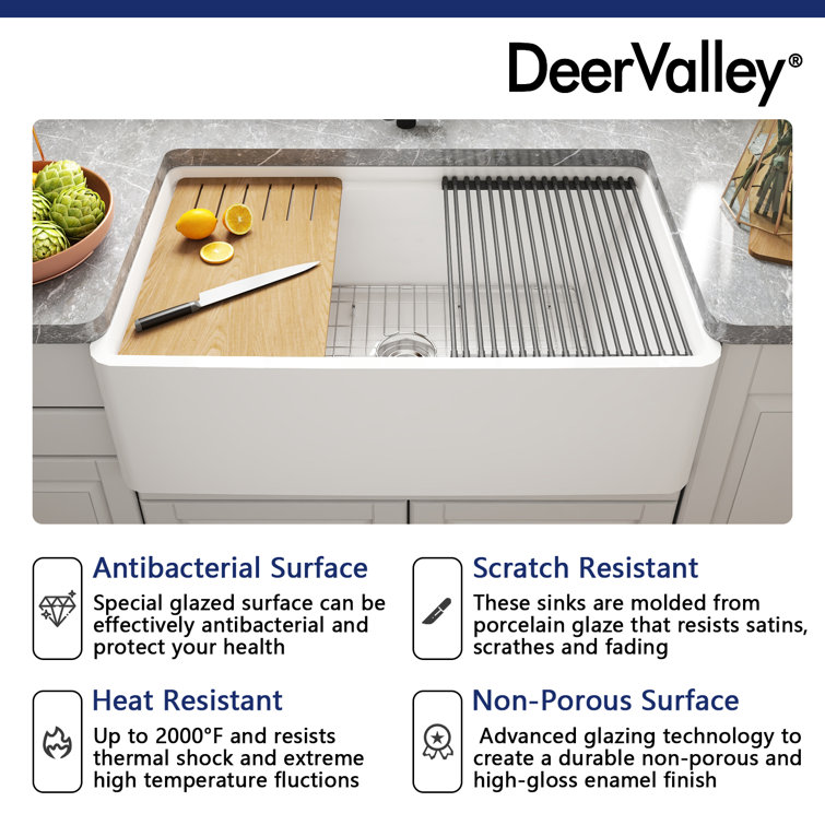 White Fireclay 33" Single Bowl Farmhouse Kitchen Sink with Accessories