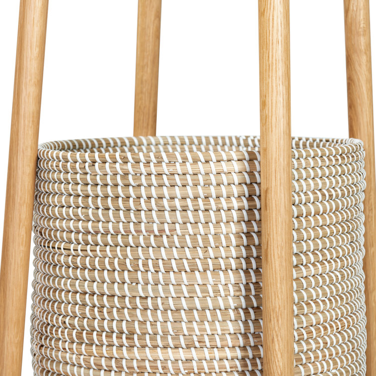 Natural Oak Coat Rack with Woven Basket and Eight Hooks