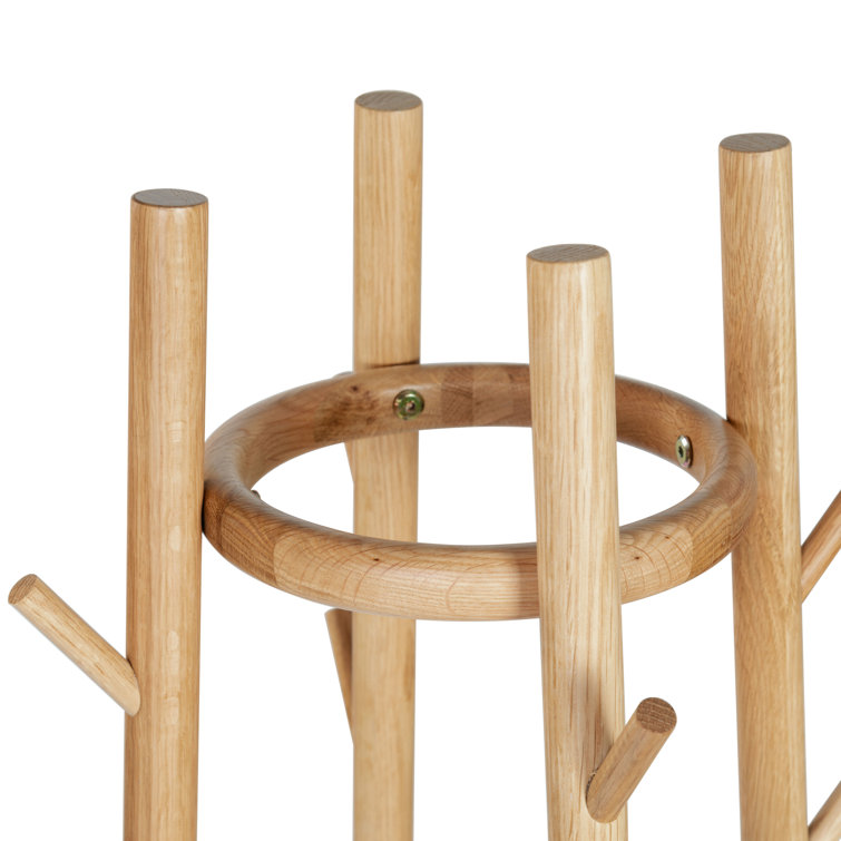 Natural Oak Coat Rack with Woven Basket and Eight Hooks