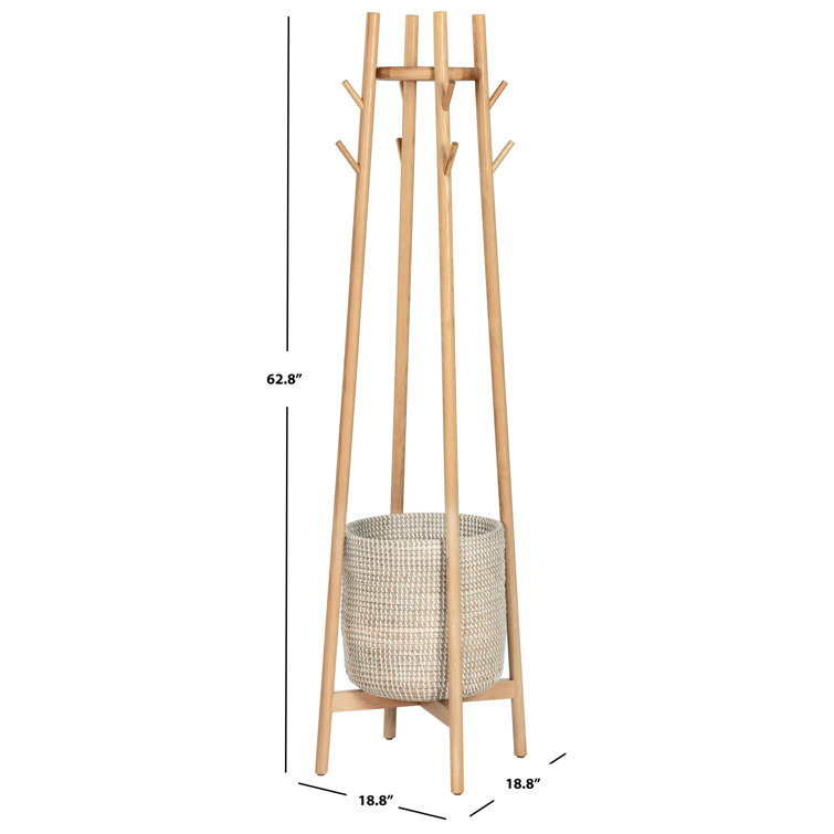 Natural Oak Coat Rack with Woven Basket and Eight Hooks