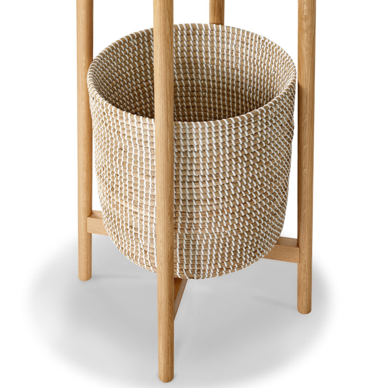 Natural Oak Coat Rack with Woven Basket and Eight Hooks