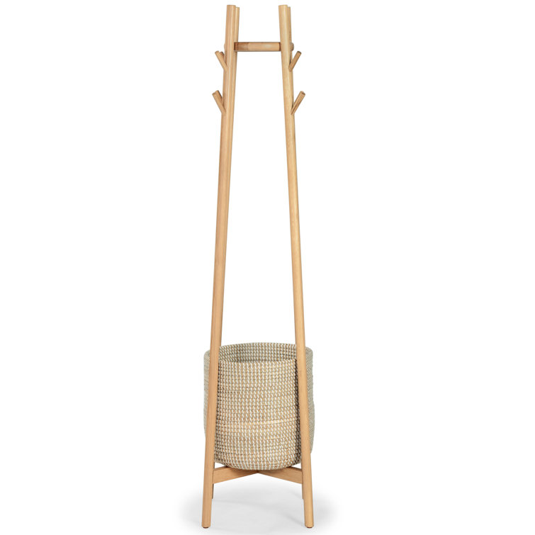Natural Oak Coat Rack with Woven Basket and Eight Hooks