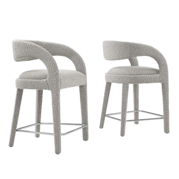 Taupe Silver Boucle Upholstered Counter Stools with Metal Legs, Set of 2