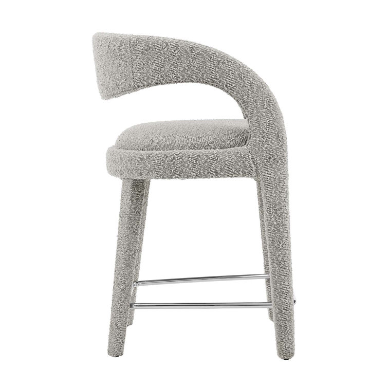 Taupe Silver Boucle Upholstered Counter Stools with Metal Legs, Set of 2