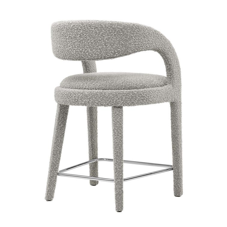 Taupe Silver Boucle Upholstered Counter Stools with Metal Legs, Set of 2