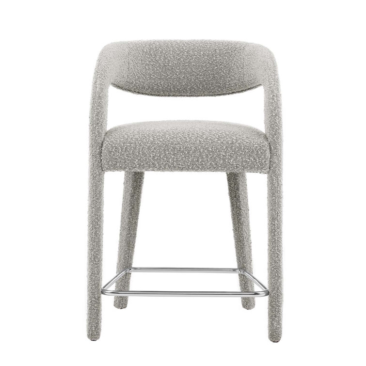 Taupe Silver Boucle Upholstered Counter Stools with Metal Legs, Set of 2