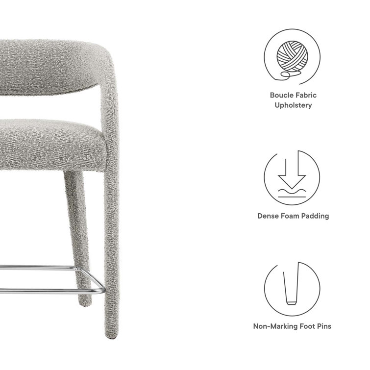Taupe Silver Boucle Upholstered Counter Stools with Metal Legs, Set of 2