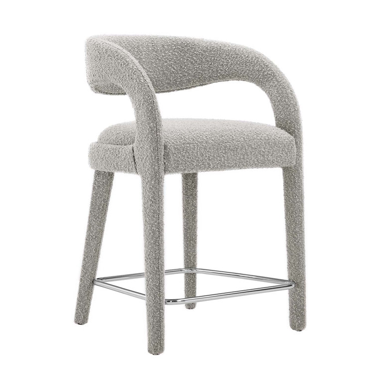 Taupe Silver Boucle Upholstered Counter Stools with Metal Legs, Set of 2