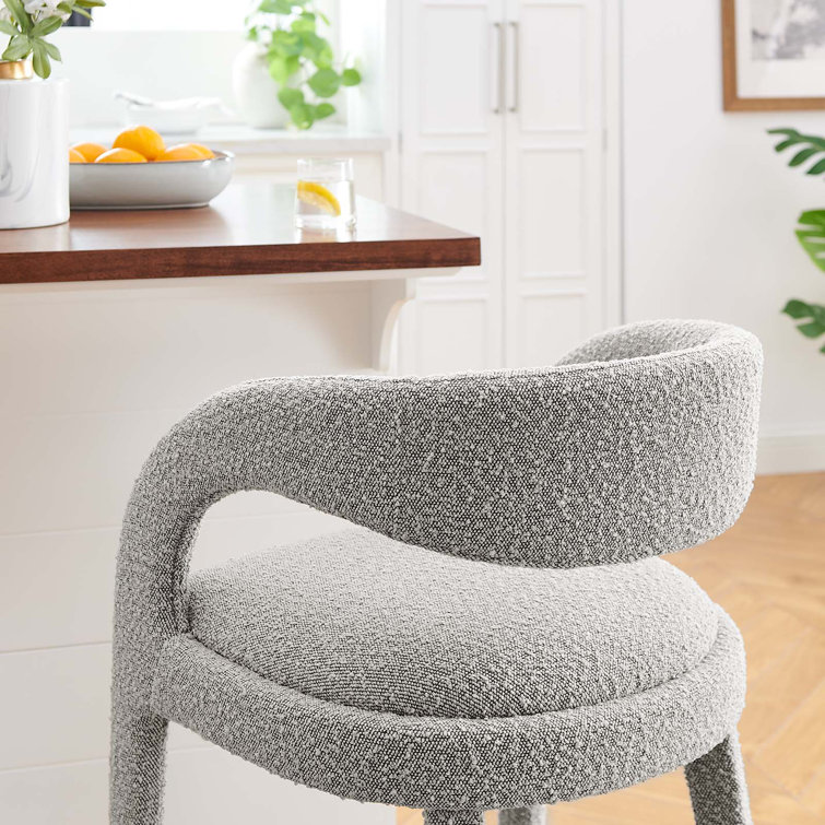 Taupe Silver Boucle Upholstered Bar Stools with Metal Legs, Set of Two
