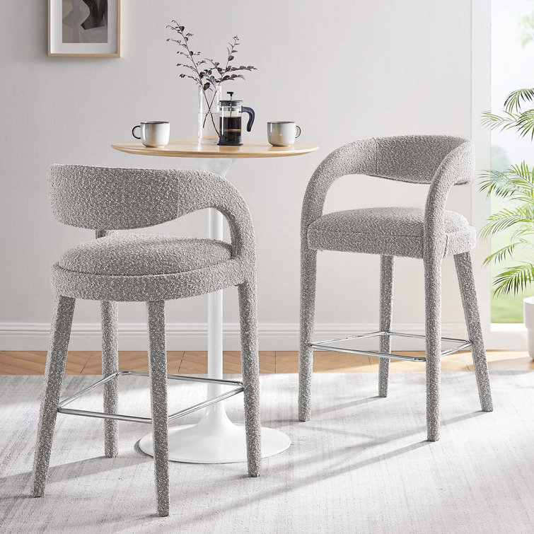 Taupe Silver Boucle Upholstered Bar Stools with Metal Legs, Set of Two