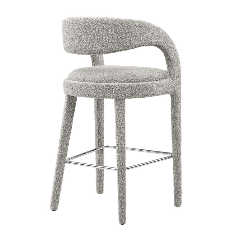 Taupe Silver Boucle Upholstered Bar Stools with Metal Legs, Set of Two