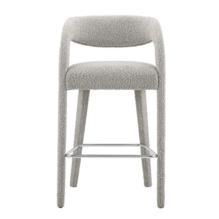 Taupe Silver Boucle Upholstered Bar Stools with Metal Legs, Set of Two