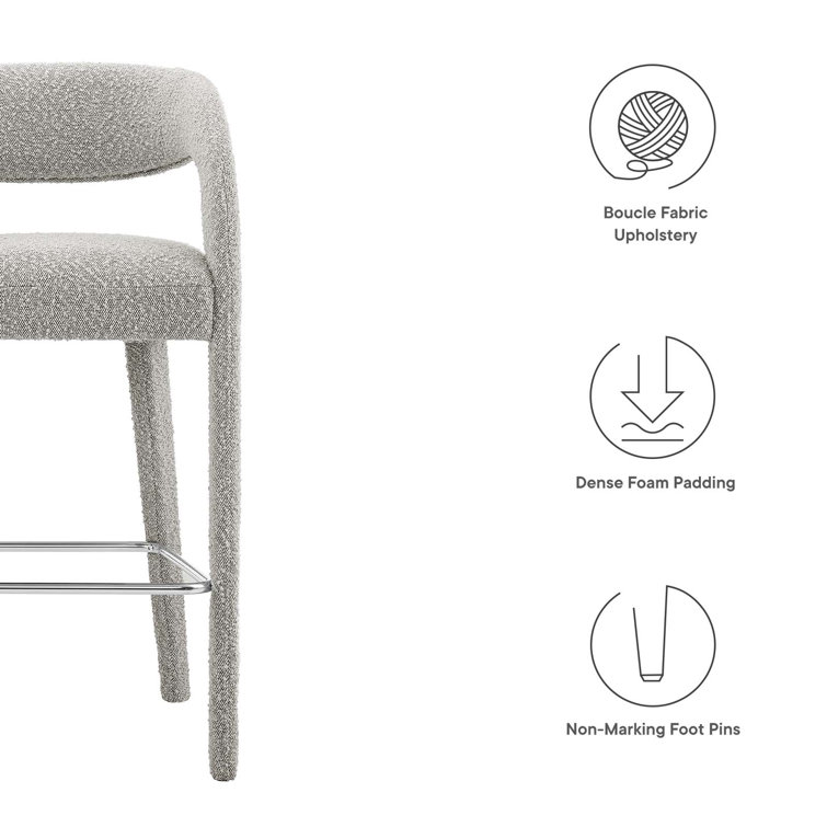 Taupe Silver Boucle Upholstered Bar Stools with Metal Legs, Set of Two