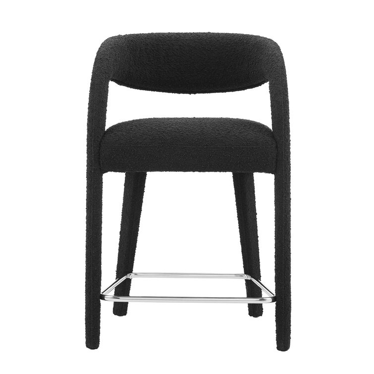 Black Boucle Upholstered Counter Stools with Metal Legs, Set of 2