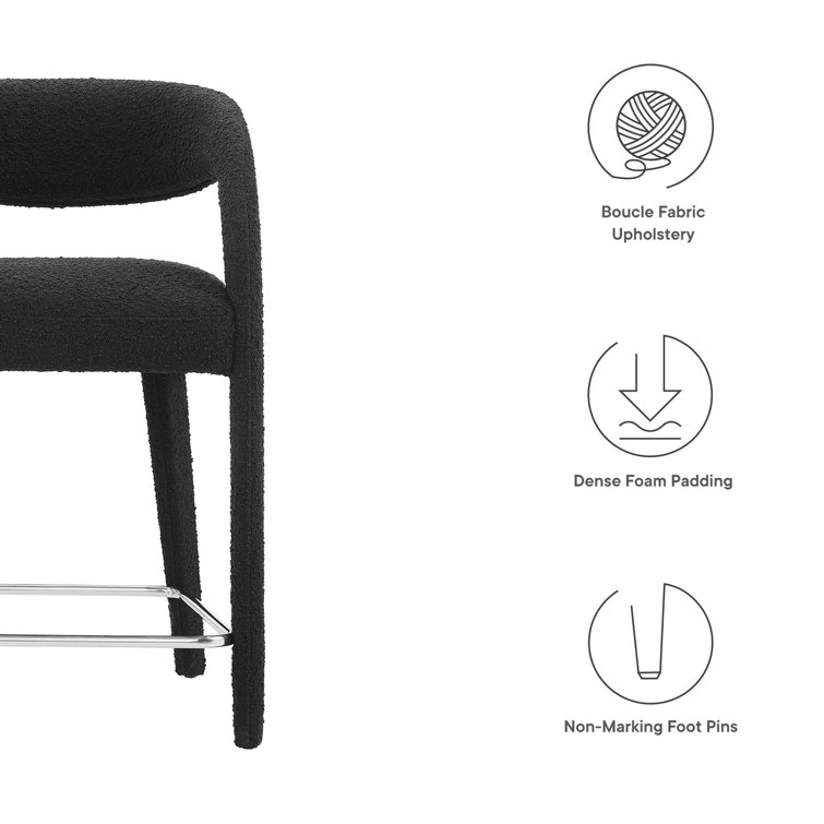 Black Boucle Upholstered Counter Stools with Metal Legs, Set of 2