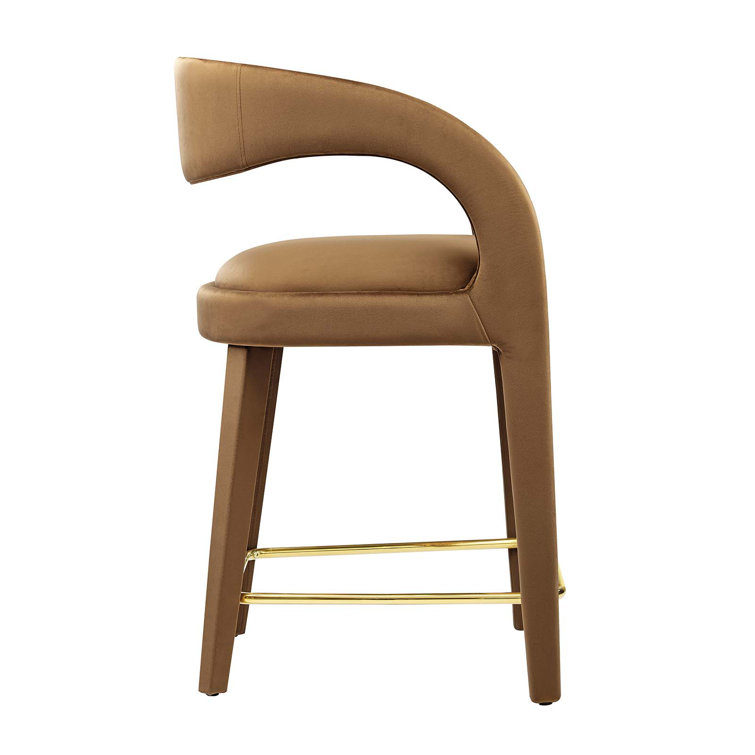 Ivory Gold Velvet Upholstered Counter Stools with Metal Footrest, Set of Two