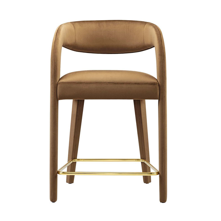 Ivory Gold Velvet Upholstered Counter Stools with Metal Footrest, Set of Two