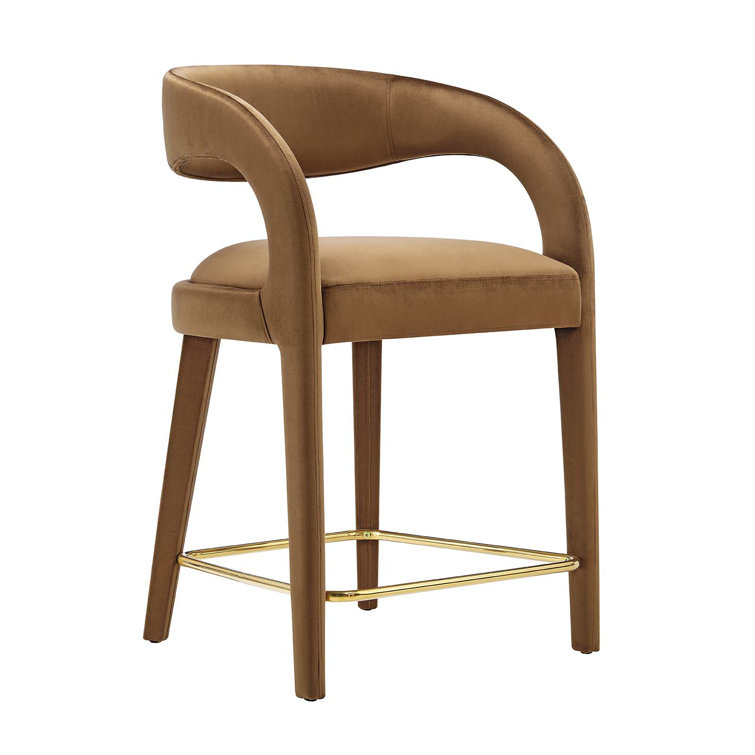 Ivory Gold Velvet Upholstered Counter Stools with Metal Footrest, Set of Two